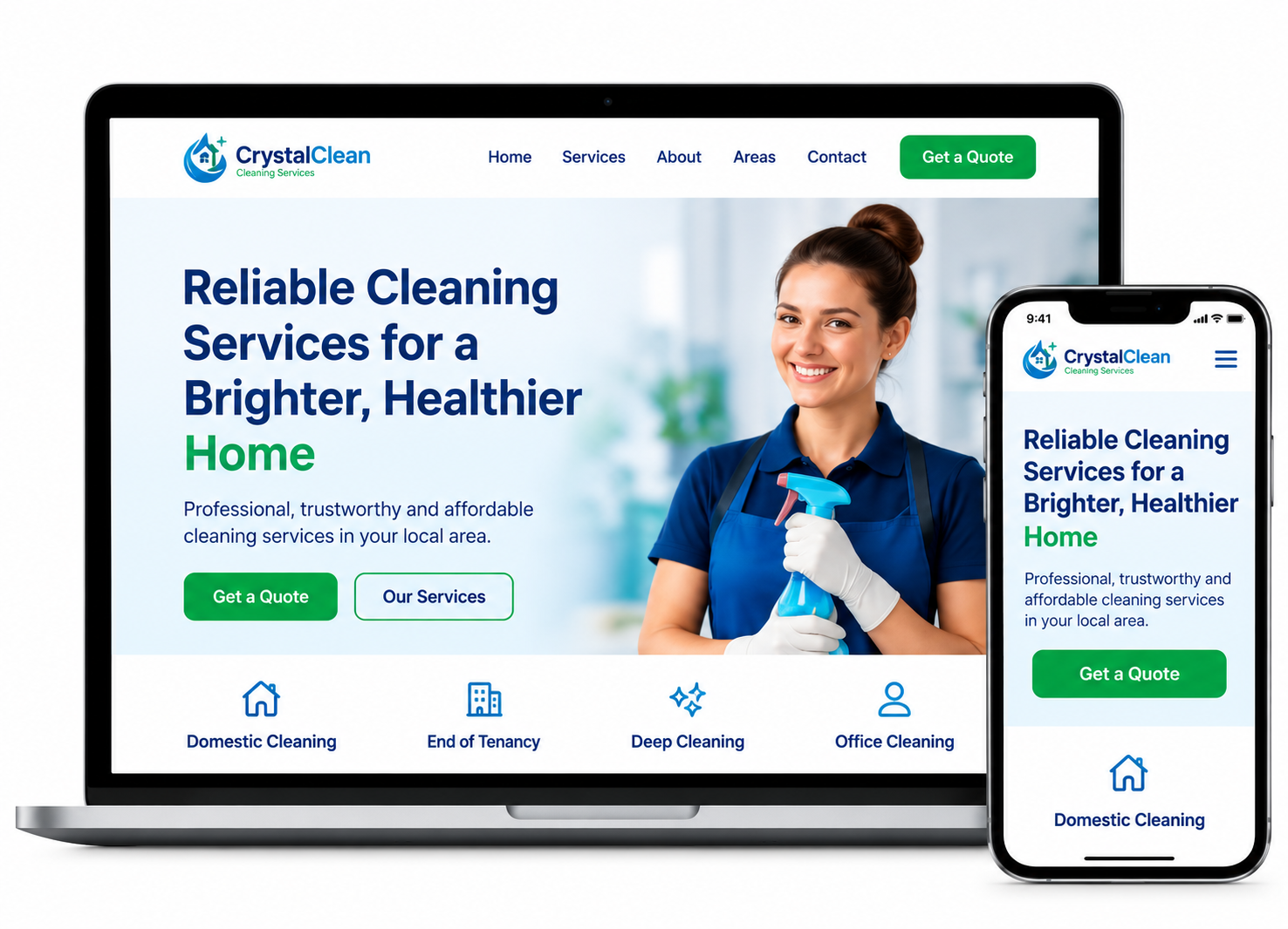Cleaning company website displayed on laptop and mobile phone